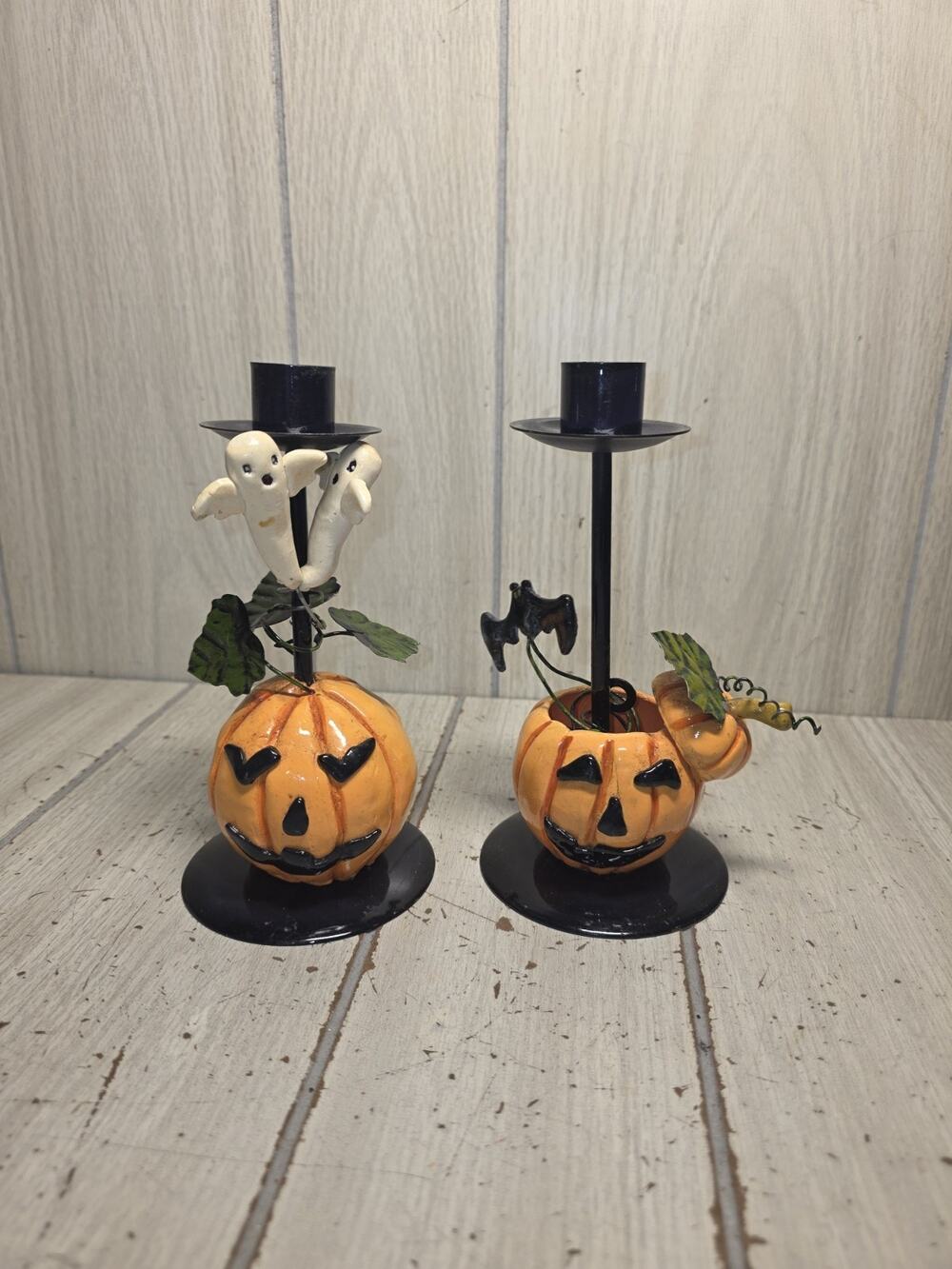 Vtg Halloween Jack O Lantern Metal Candle Sticks W/ Ghosts & Bats Holiday READ